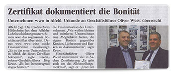 Zertifikat dokumentiert die Bonität
