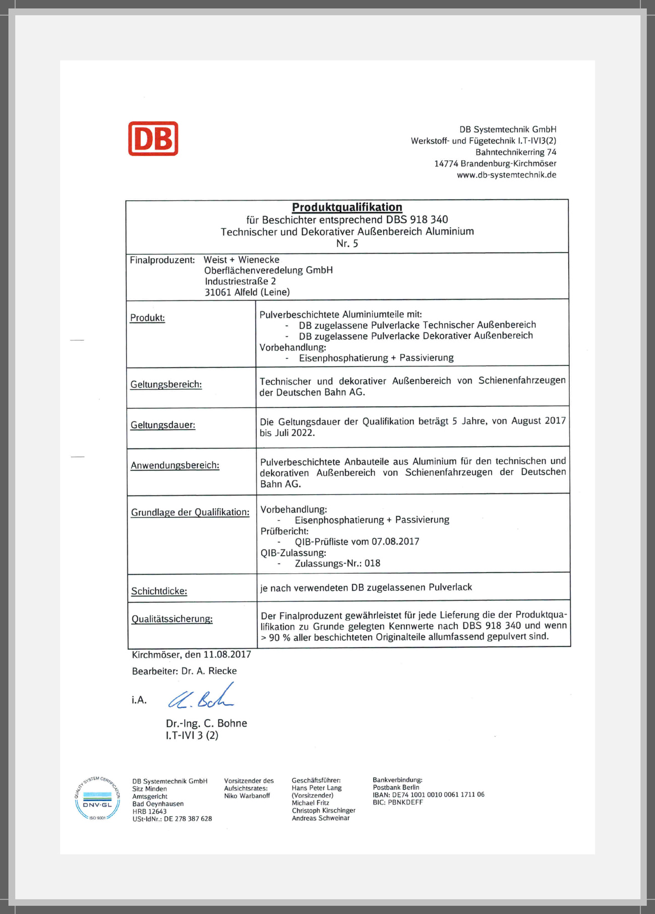 Deutsche Bahn Produktqualifikation ALU außen