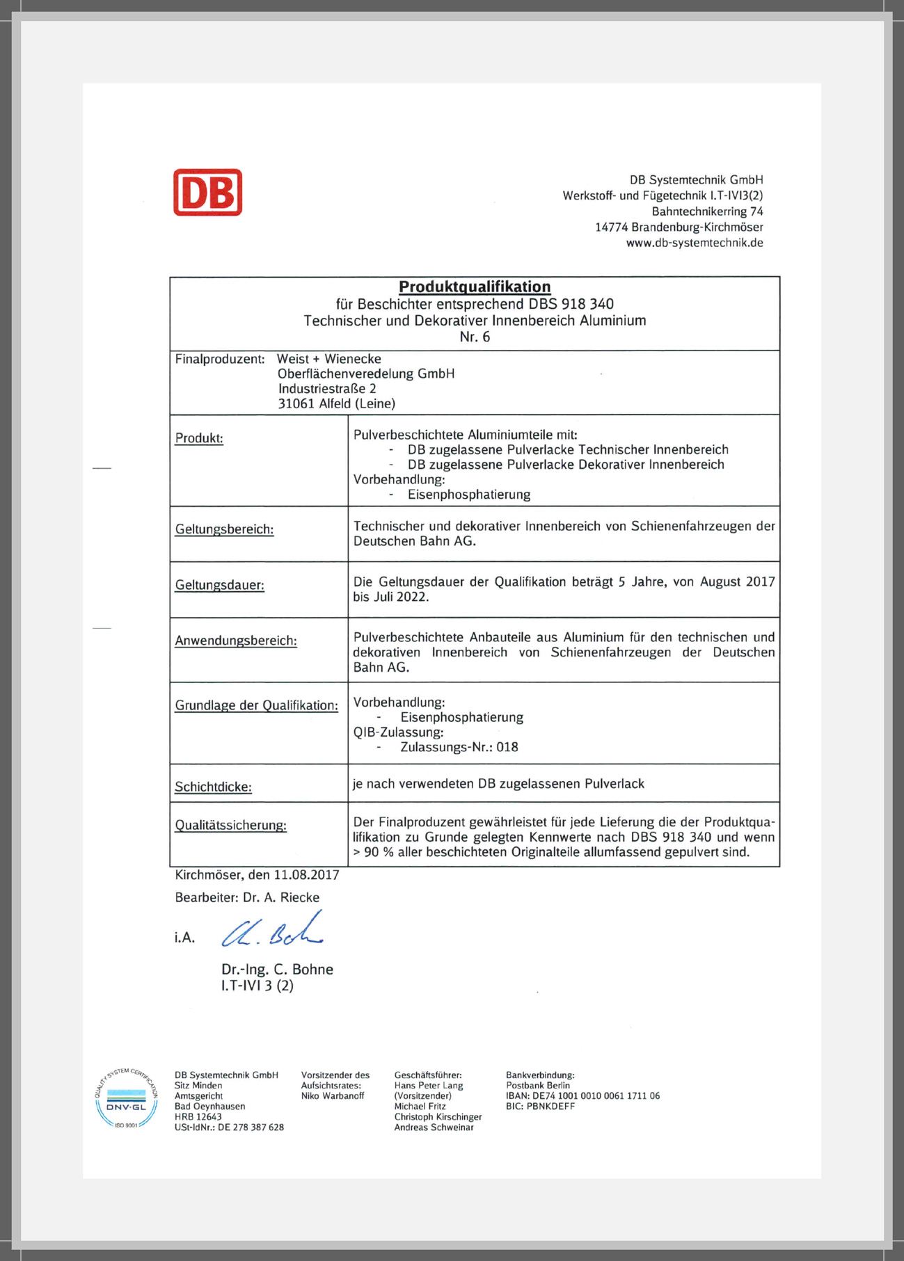 Deutsche Bahn Produktqualifikation ALU innen