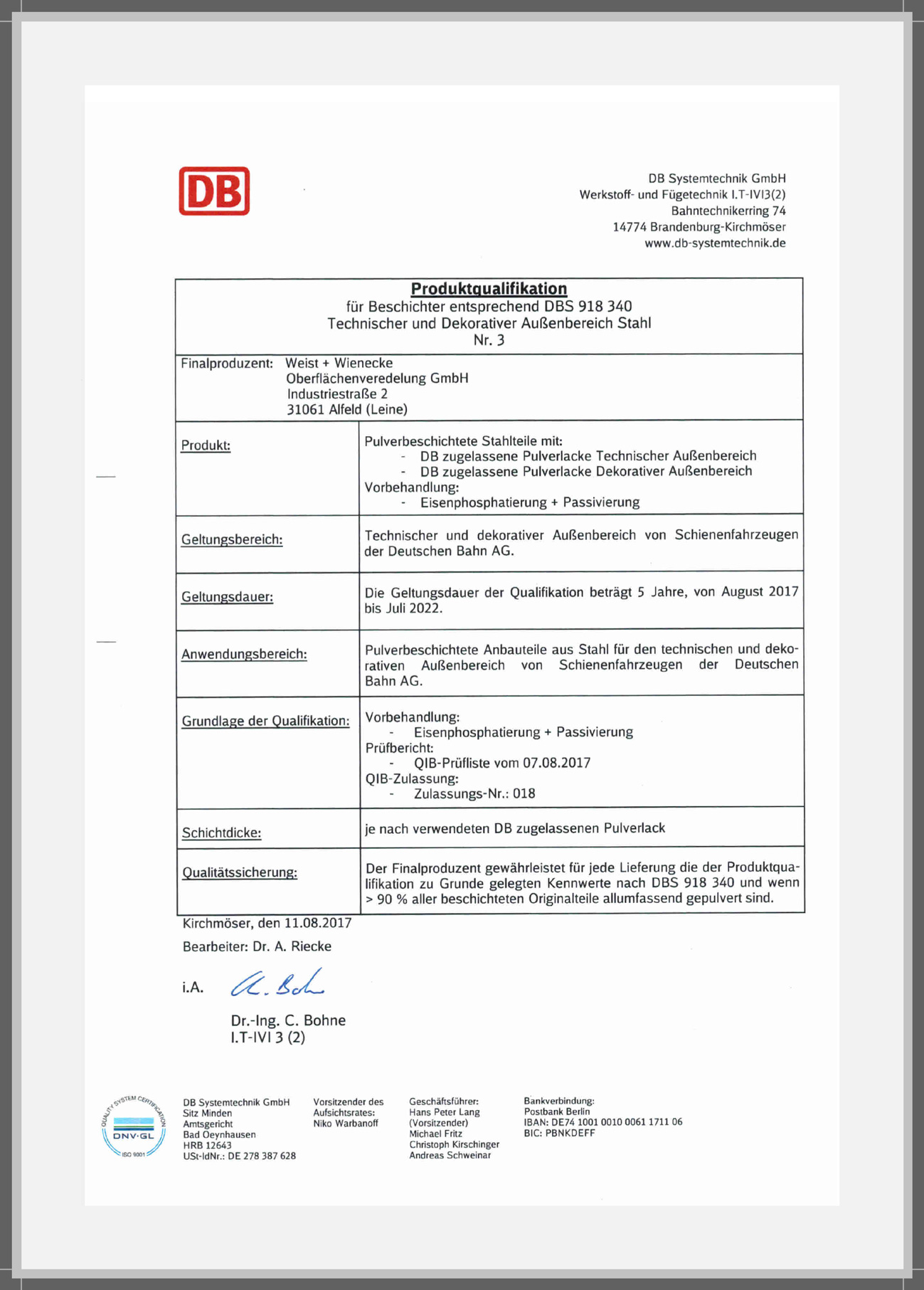 Deutsche Bahn Produktqualifikation Stahl (Che) aussen