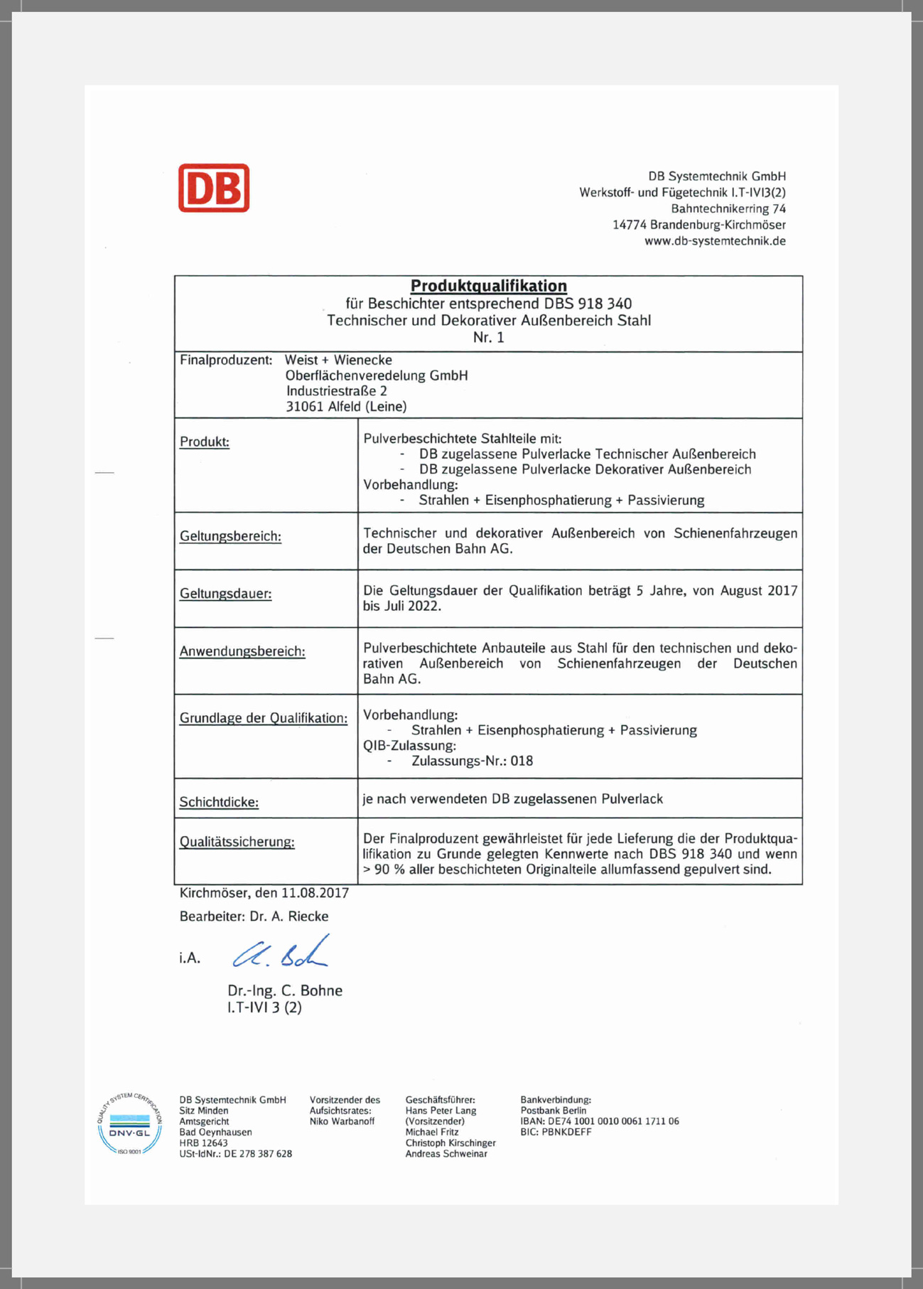 Deutsche Bahn Produktqualifikation Stahl (Str) aussen