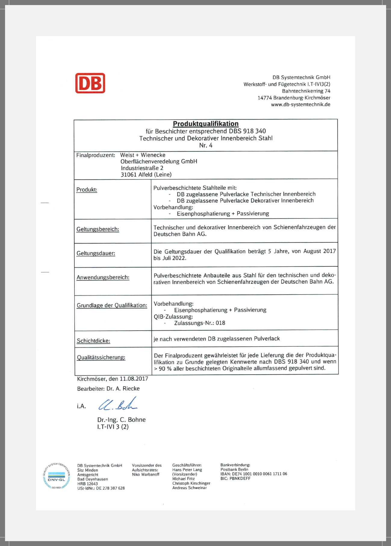 Deutsche Bahn Produktqualifikation Stahl (Che) innen