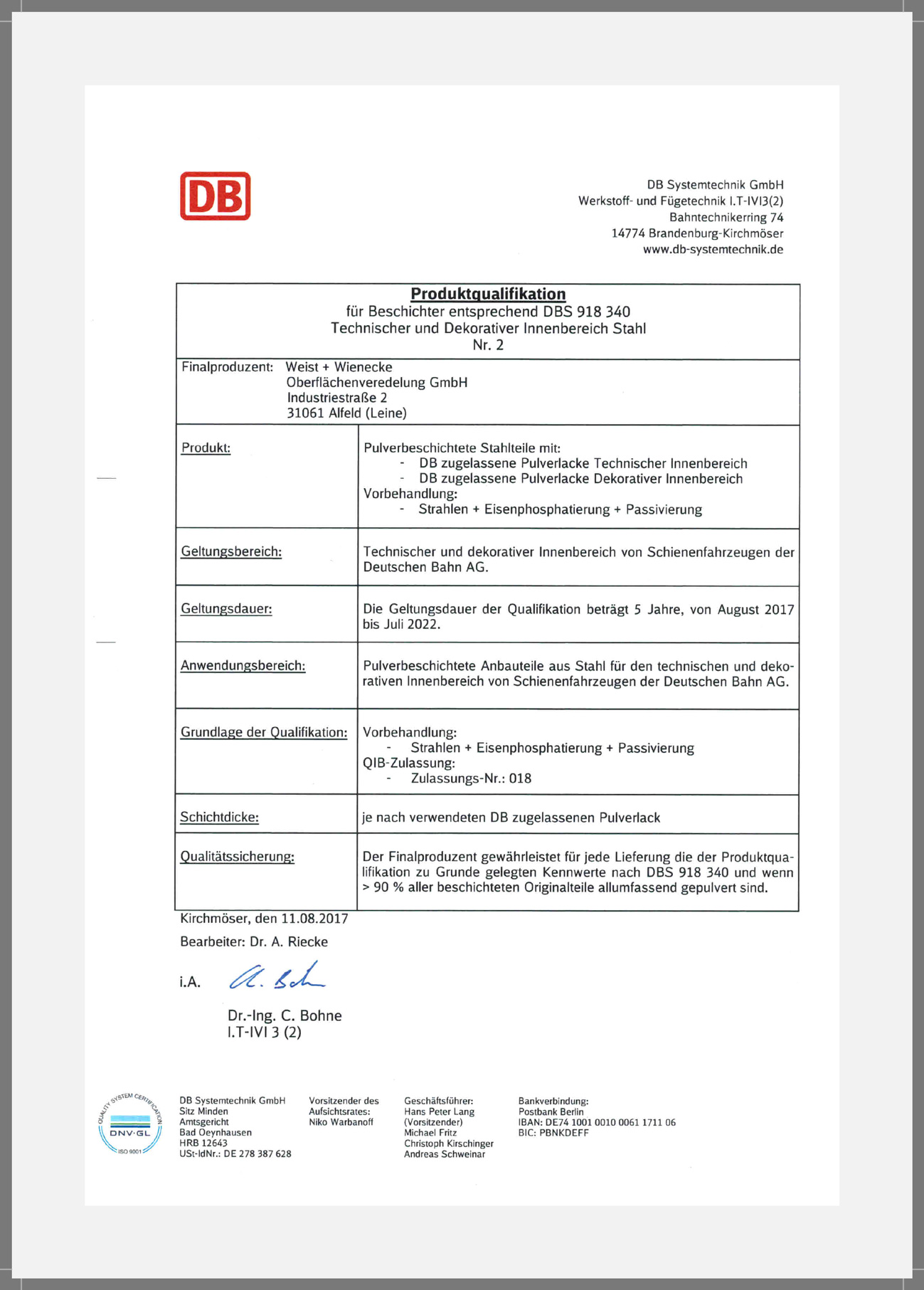 Deutsche Bahn Produktqualifikation Stahl (Str) innen