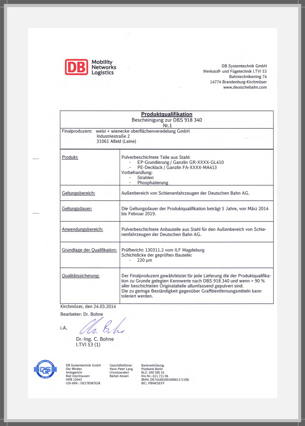 Deutsche Bahn Produktqualifikation STAHL